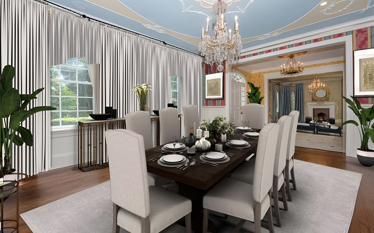 Formal dining room with a set table, striped curtains, and a crystal chandelier opening to a living room.