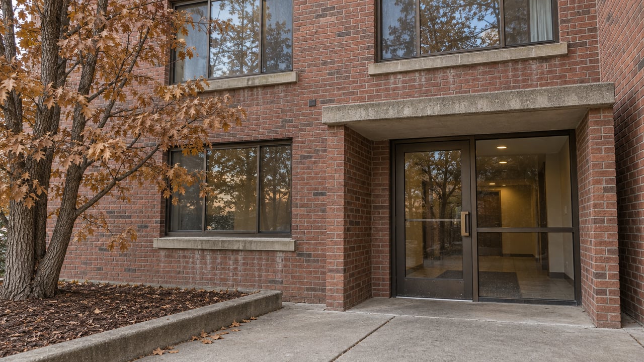 Red-brown brick condominium entrance with bronze-framed windows, a concrete approach and an amber-leaved oak in a raised bed.