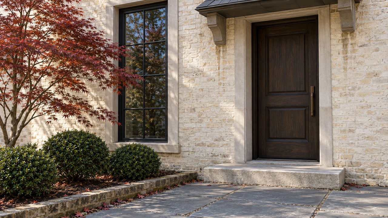 Cream brick entry with a dark oak door, divided-light window, and bluestone walk beside a Japanese maple.