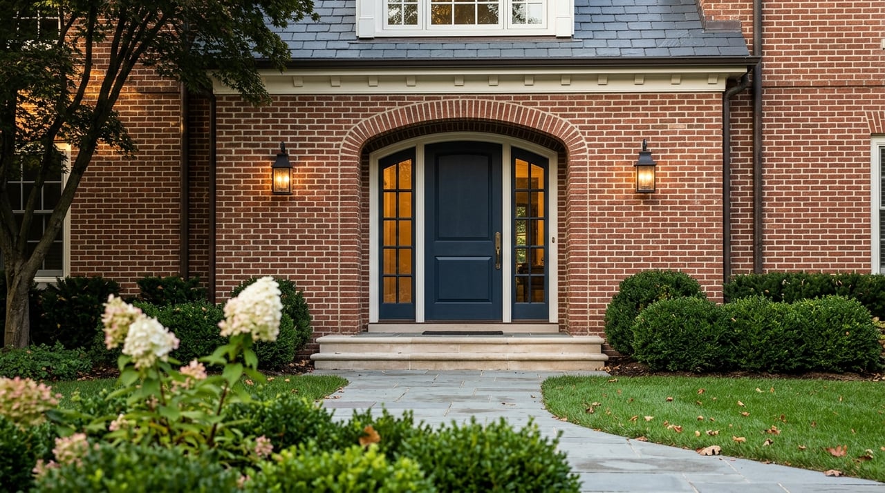 Brick colonial entrance with a bluestone threshold in late-afternoon light.