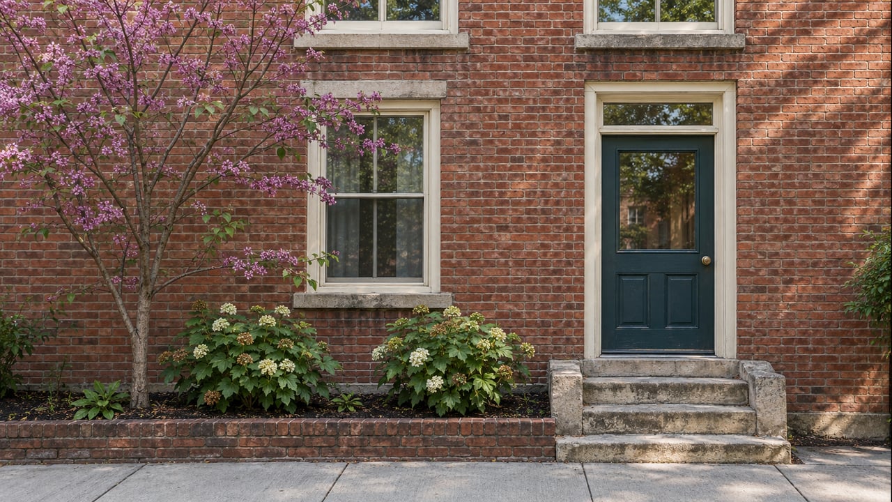 Brick townhouse with a blue-green door, limestone stoop, and young tree and hydrangeas in a narrow bed.