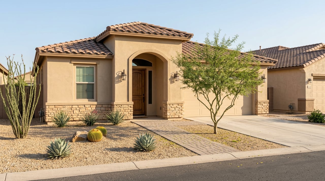 Stucco home with an arched entry, clay tile roof, and curated xeriscape beside a neighboring house.