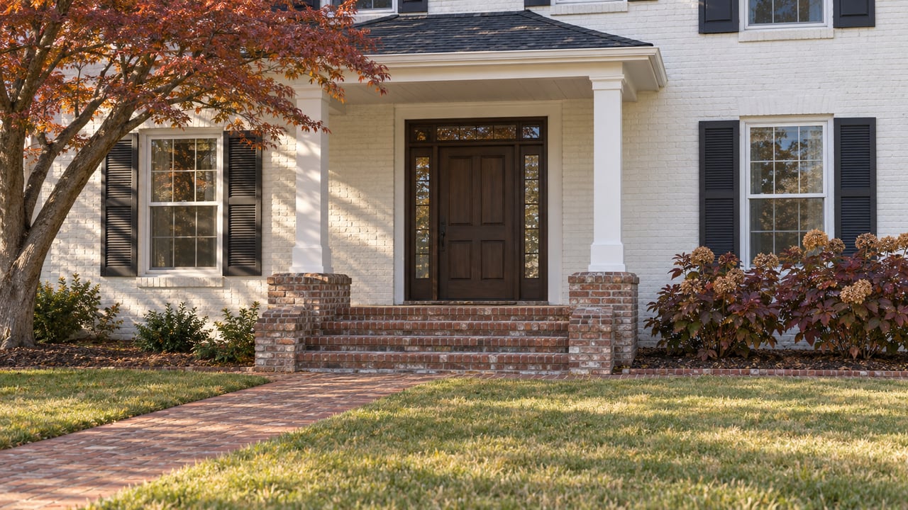 White-painted brick home with a shaded wood front door, paired shutters, brick steps and autumn planting beside a broad lawn.