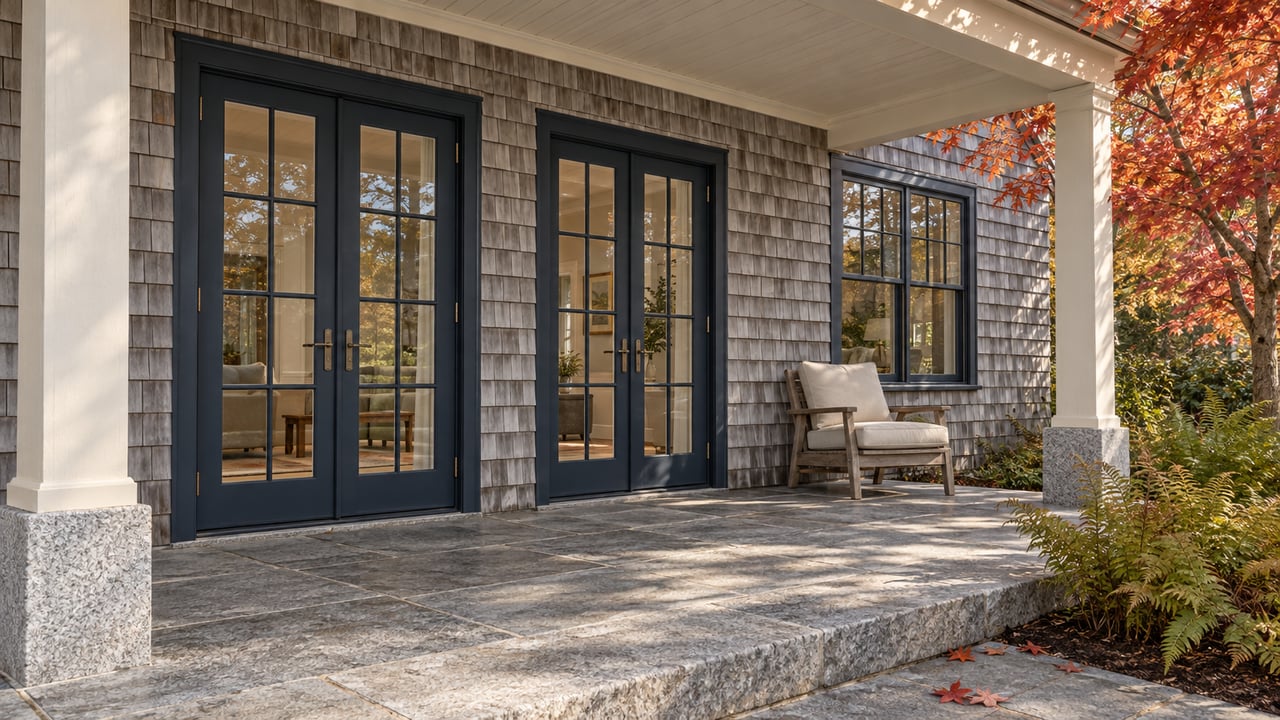 Autumn sunlight on a cedar-shingled home's covered granite terrace, navy glazed doors, and a weathered teak chair beside red maple foliage.