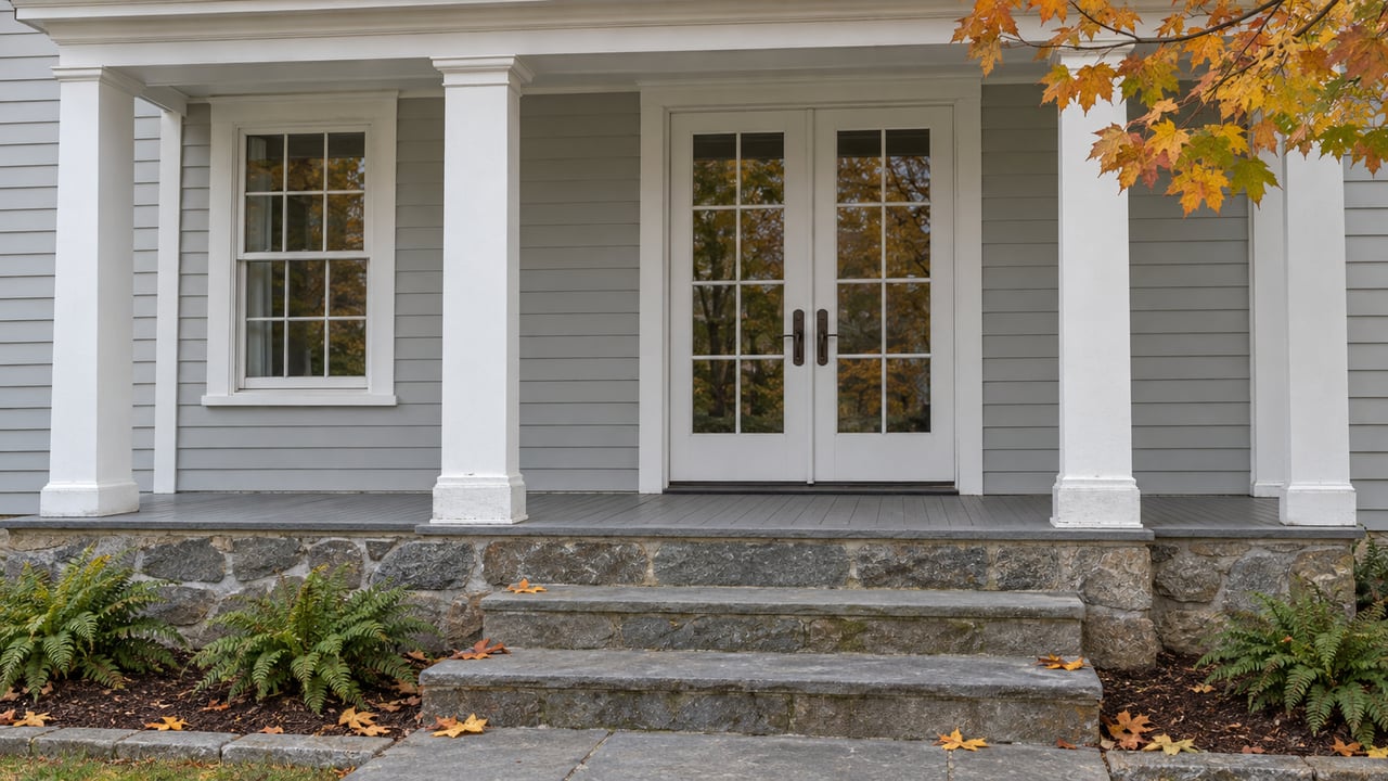 White-columned porch with paired glazed doors, weathered bluestone steps and orange maple leaves beside a gray clapboard home.