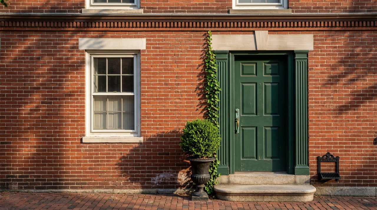 Brick rowhouse entry with a forest-green six-panel door, limestone lintel, flanking window, and iron urn.