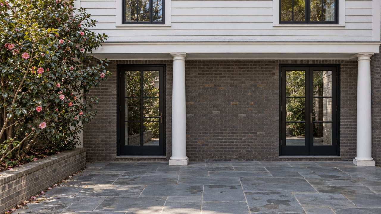 Attached home’s rear facade with black-framed doors, white siding, bluestone terrace, and a camellia planter.