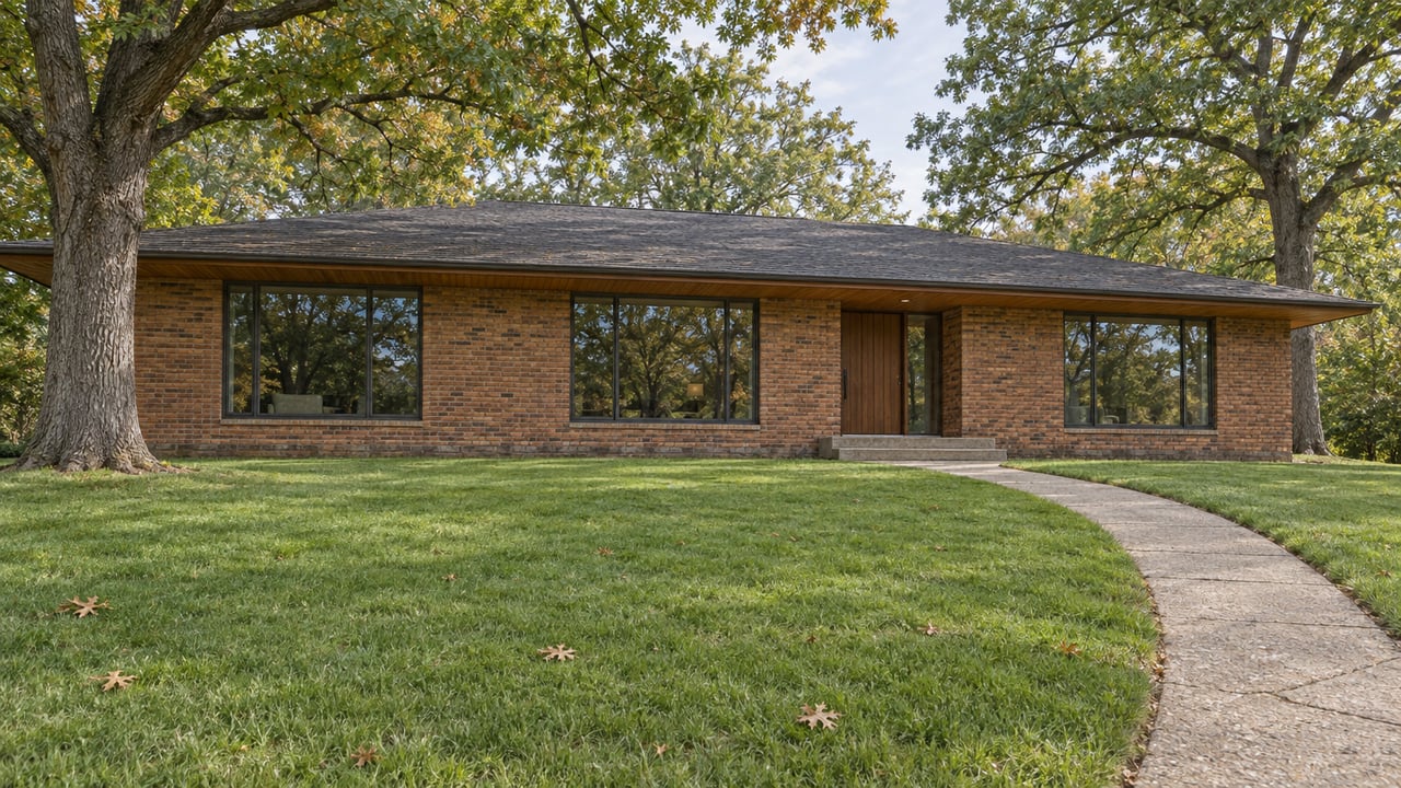 A low brick home with broad windows sits well back across a deep lawn beneath two mature oak trees.