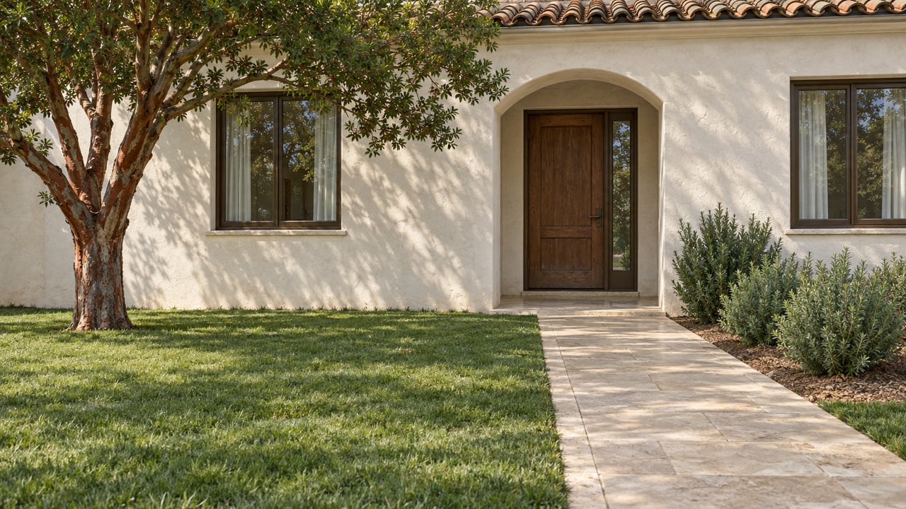 Cream stucco home with an arched oak entry, clay roof tiles, a limestone approach and a deep green front lawn.
