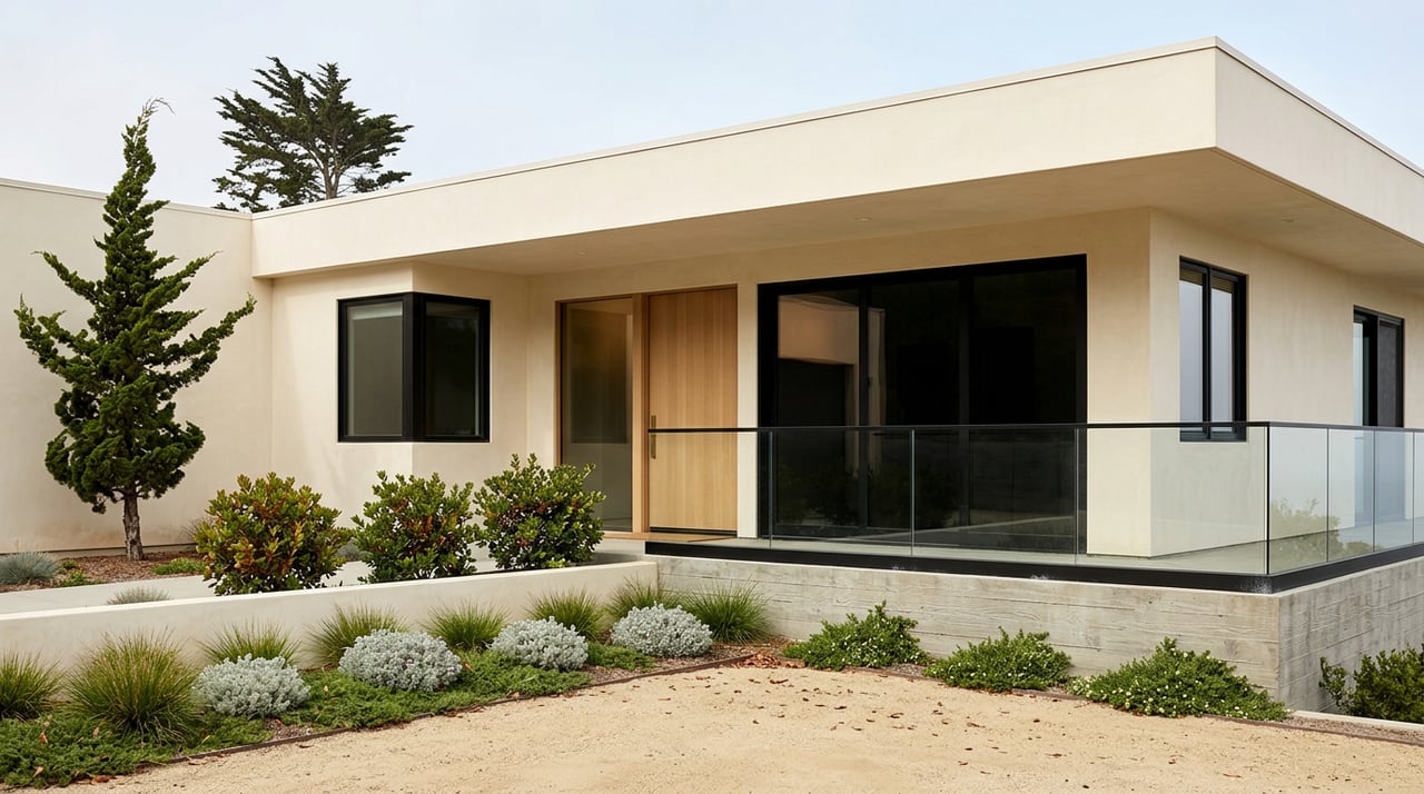 Modern ivory-stucco home with glass-railed terrace, board-formed concrete wall, and wind-shaped cypress above the roofline.