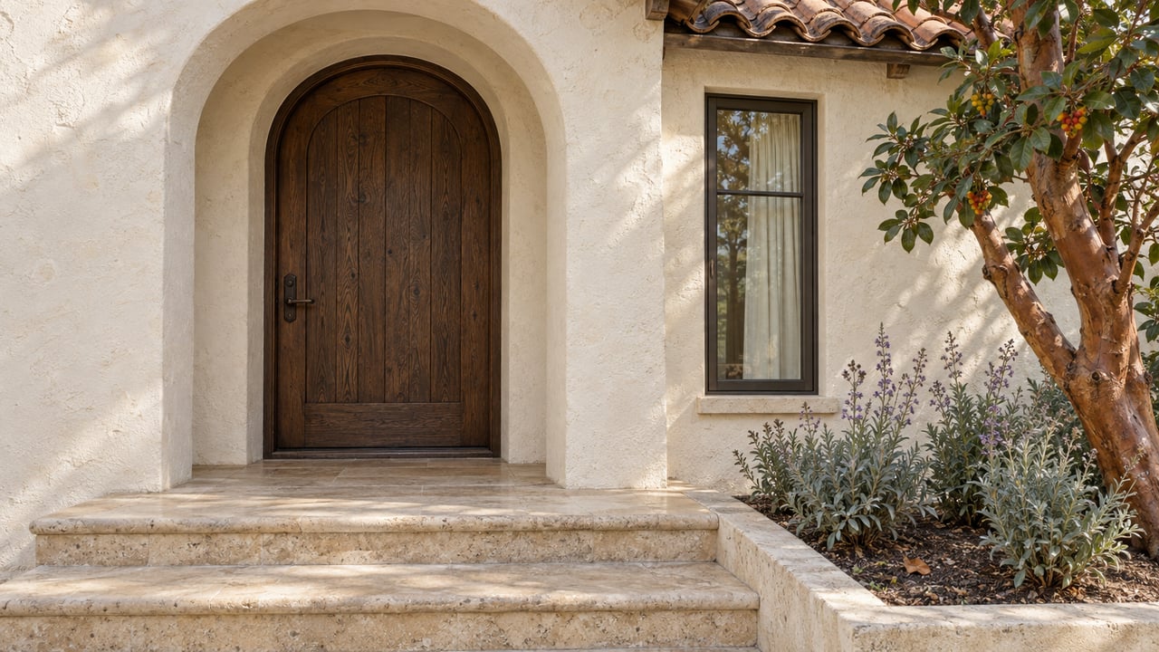 Sunlit ivory stucco arch around a dark oak front door, limestone steps and a sculptural strawberry tree beside a bronze-framed window.