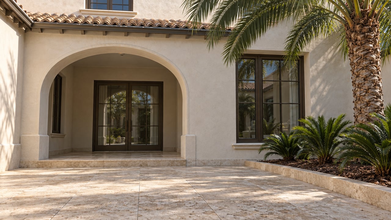 Warm-white stucco home with an arched covered terrace, bronze-framed glazing, shell-limestone courtyard and a specimen palm.