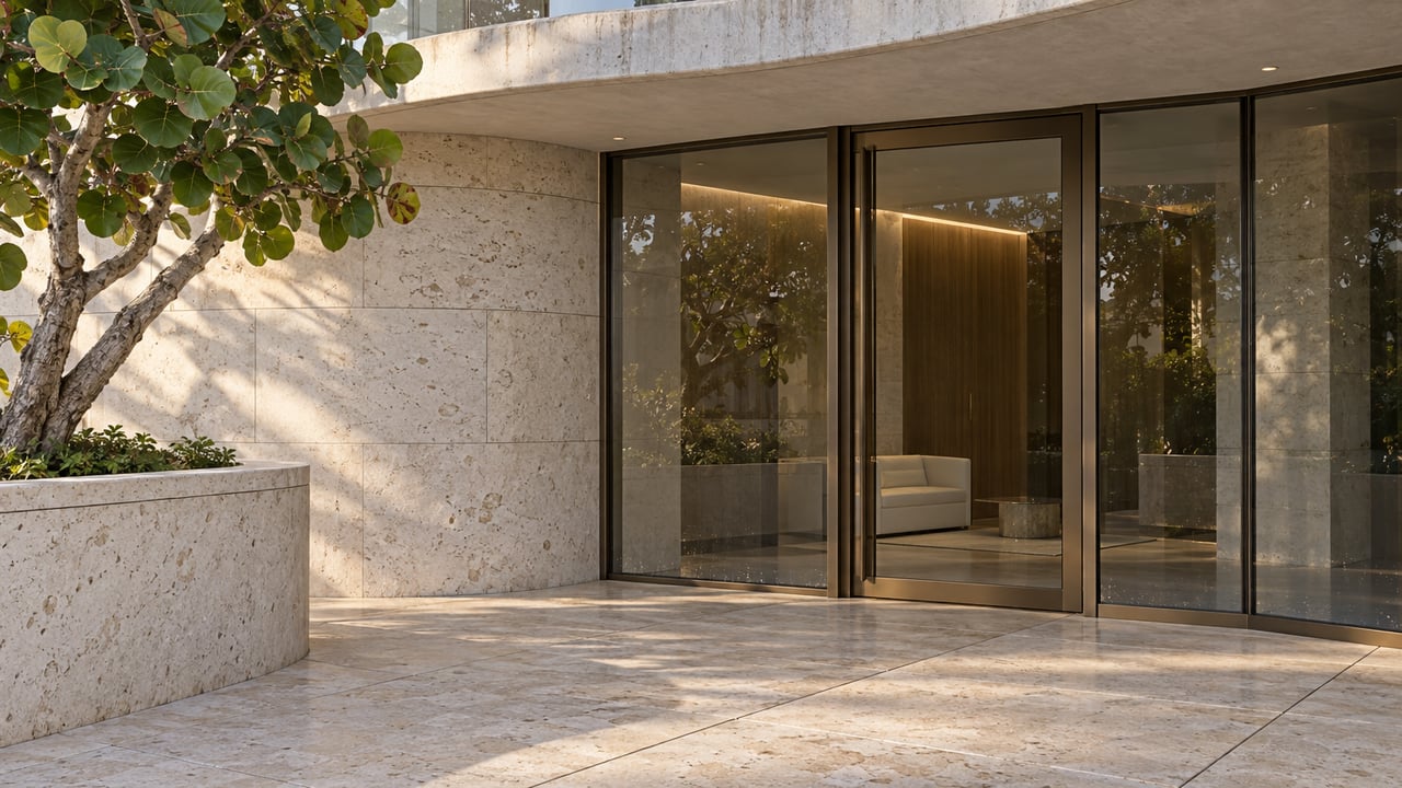 Curved glazed residential entrance with pale limestone paving and a sculptural sea grape tree in a raised stone planter.