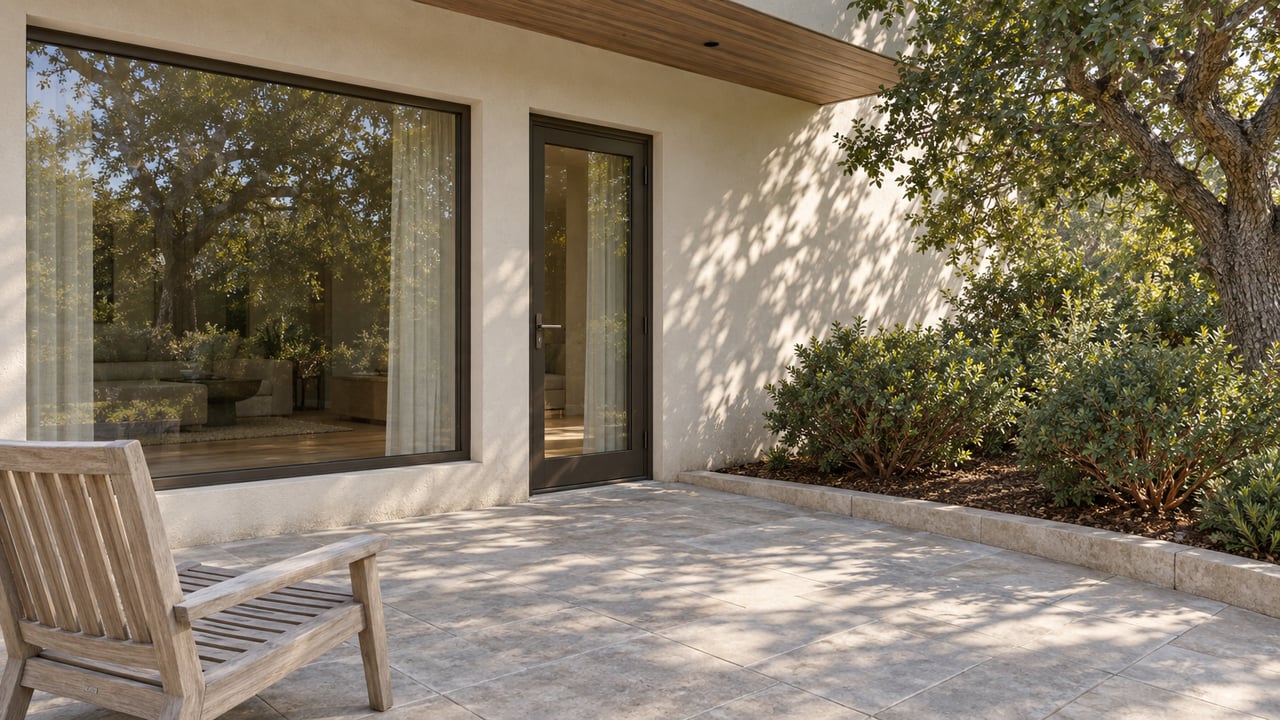 Morning light on a cream-stucco home’s glazed terrace, with limestone paving, a weathered teak chair, and an oak-shaded planting bed.