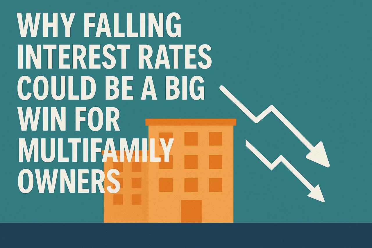 Blog header graphic highlighting falling multifamily loan rates in 2025, with buildings and downward trend arrows.