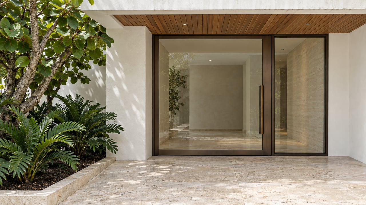 White stucco residential entrance with a teak soffit, bronze-framed glass door, shell-limestone landing and sculptural tropical planting.