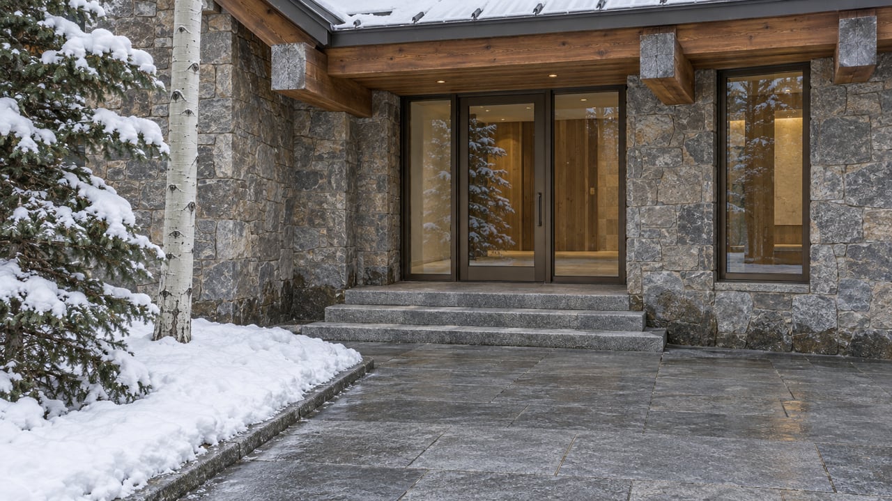 Snow borders a broad stone approach to a glazed entrance framed by quartzite masonry and weathered timber beams.