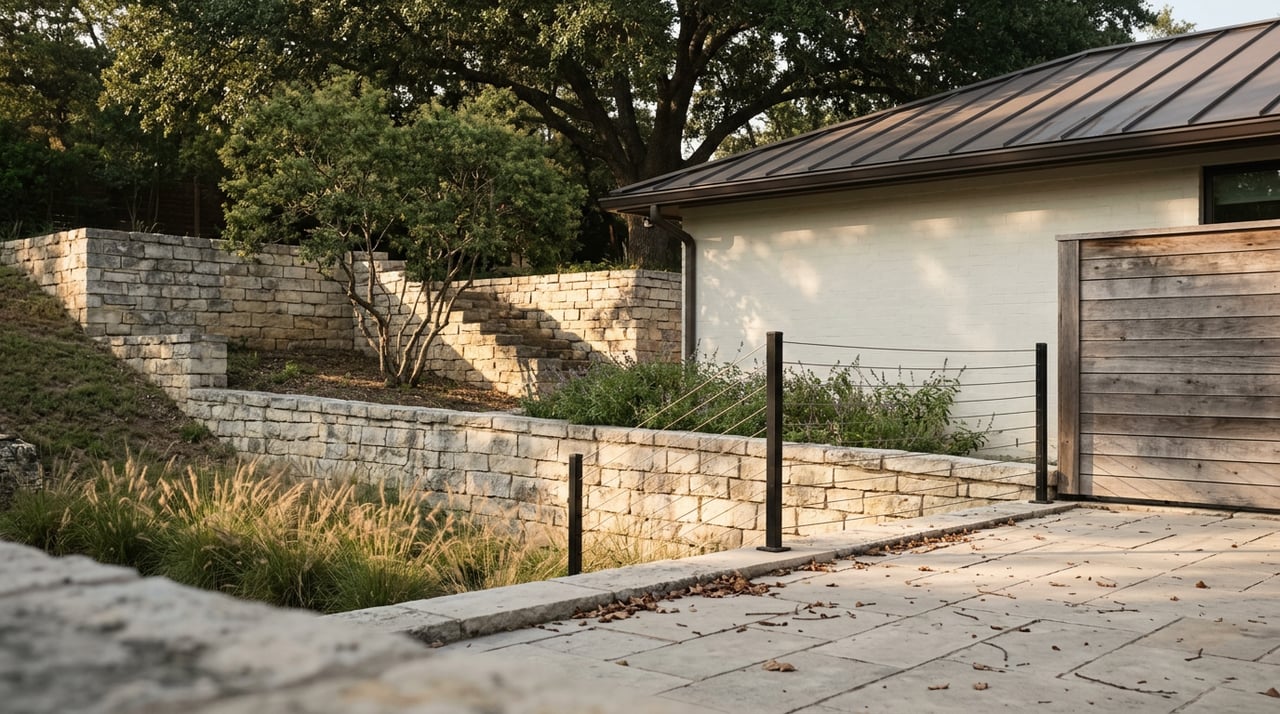 Stepped limestone retaining walls cross a hillside below a house, with oak canopy and a stone terrace.