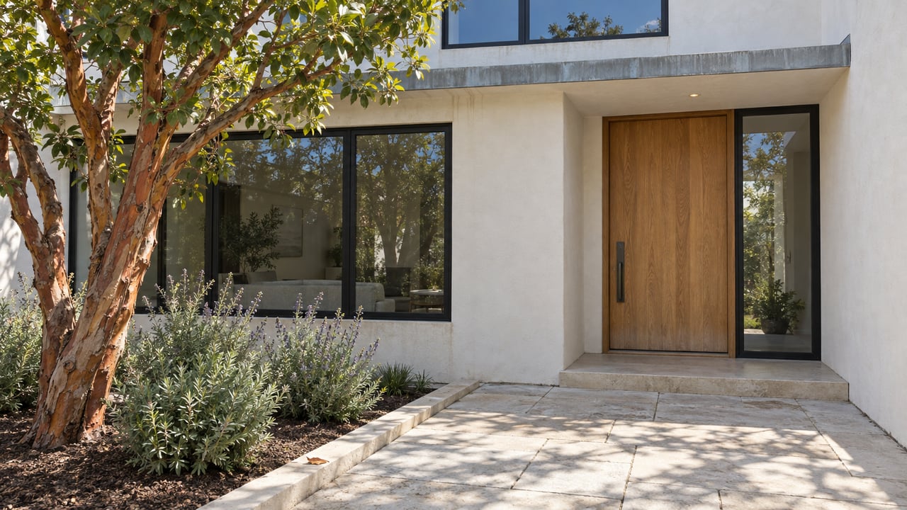 Sunlit stucco home entry with an oak door, limestone approach and a sculptural strawberry tree in a bordered planting bed.