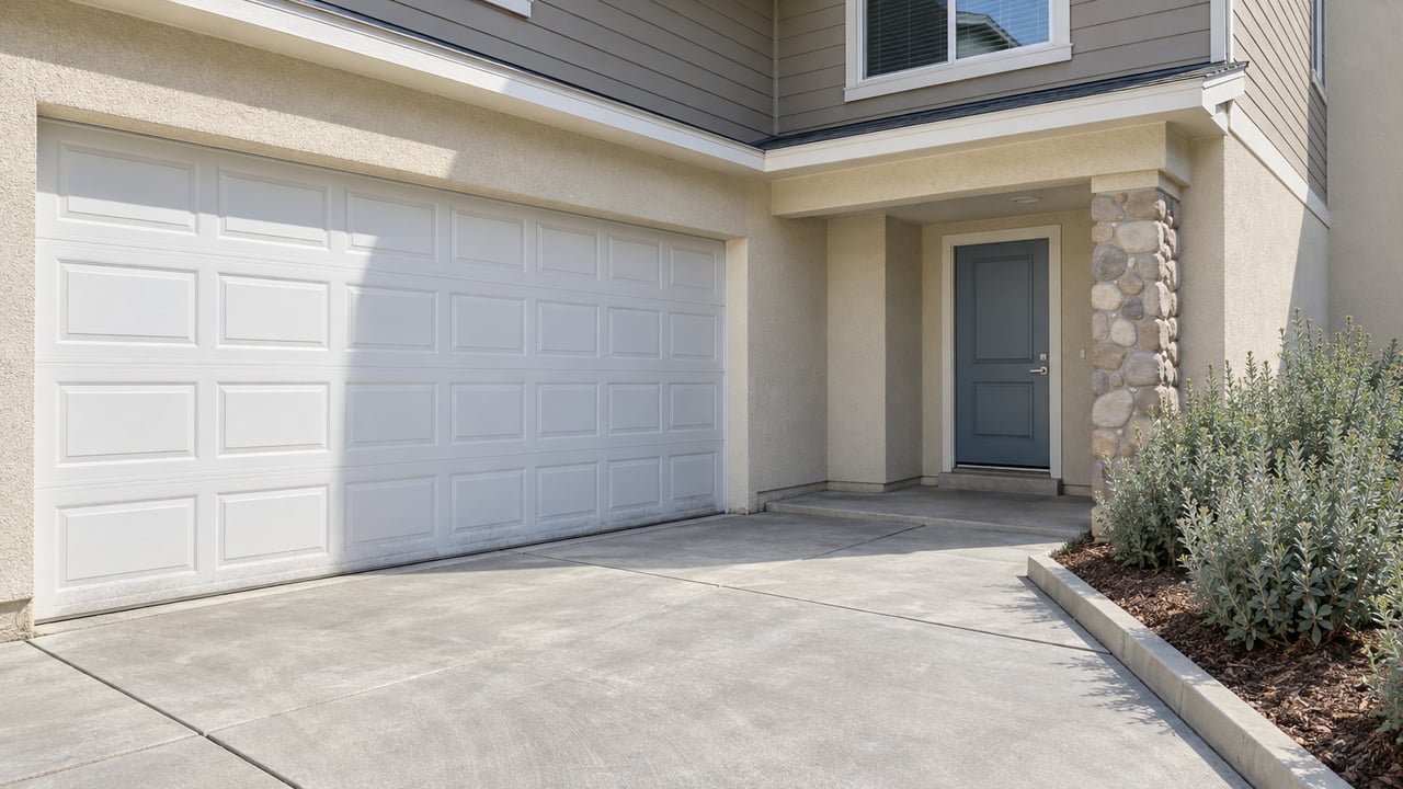 Sunlit cream stucco and taupe siding frame a sheltered blue front door beside a white garage, with a concrete approach and silver-green sage planting.