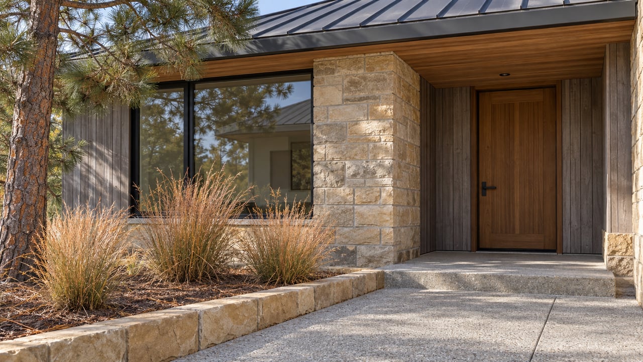Sunlit cedar and sandstone home entry with a black-framed window, concrete approach and copper-colored autumn grasses beneath a pine.