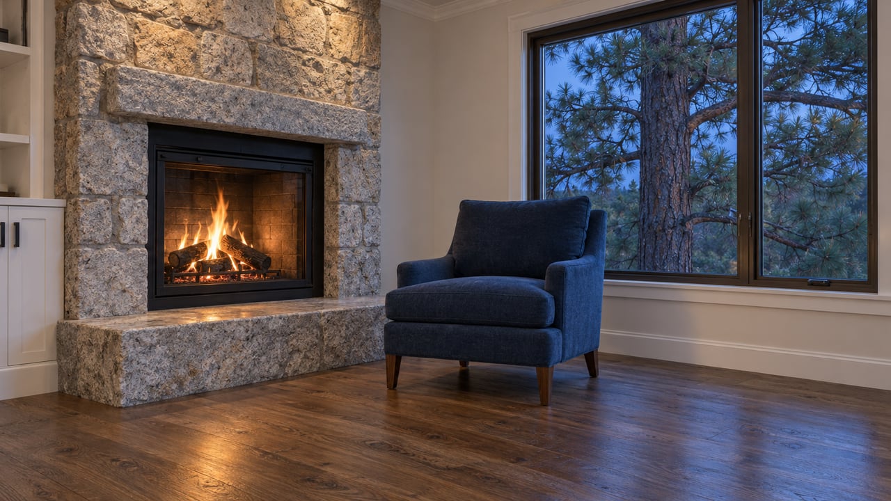 A granite fireplace warms a tailored living-room corner with a deep-blue chair, walnut-toned flooring and a closed window overlooking a mature pine.
