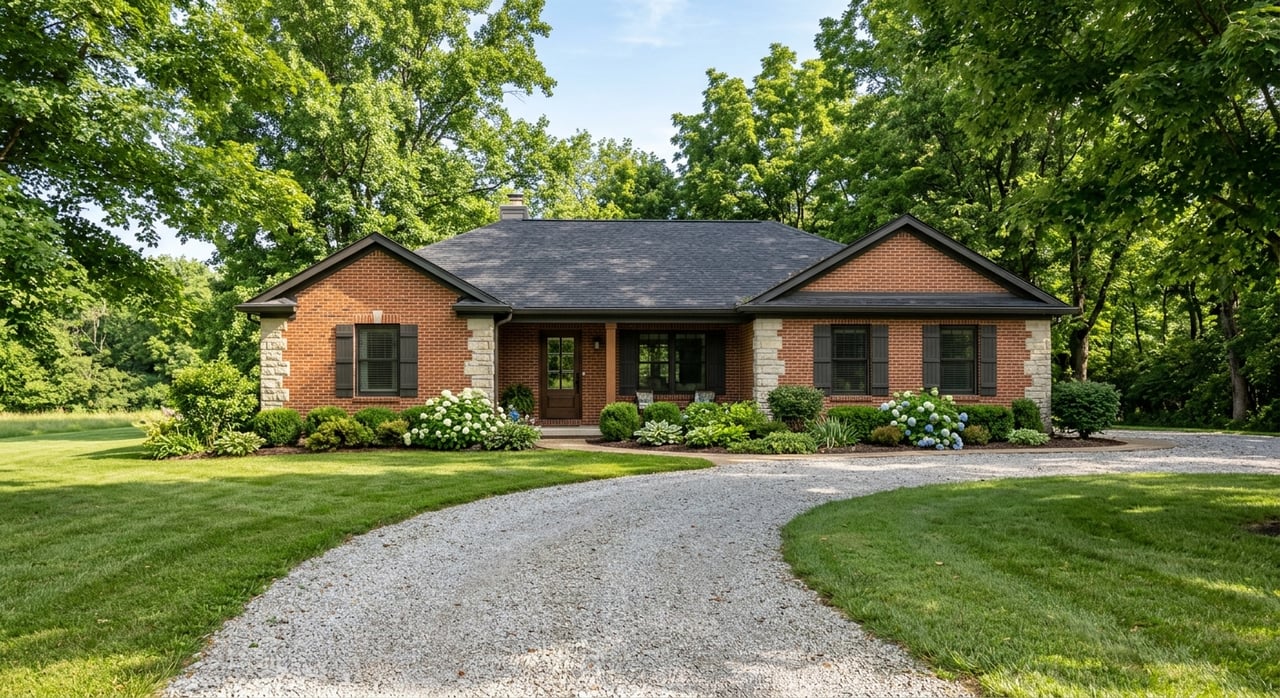 Brick ranch house with a limestone entry, curved gravel drive, clipped shrubs, and mature trees framing its roof.
