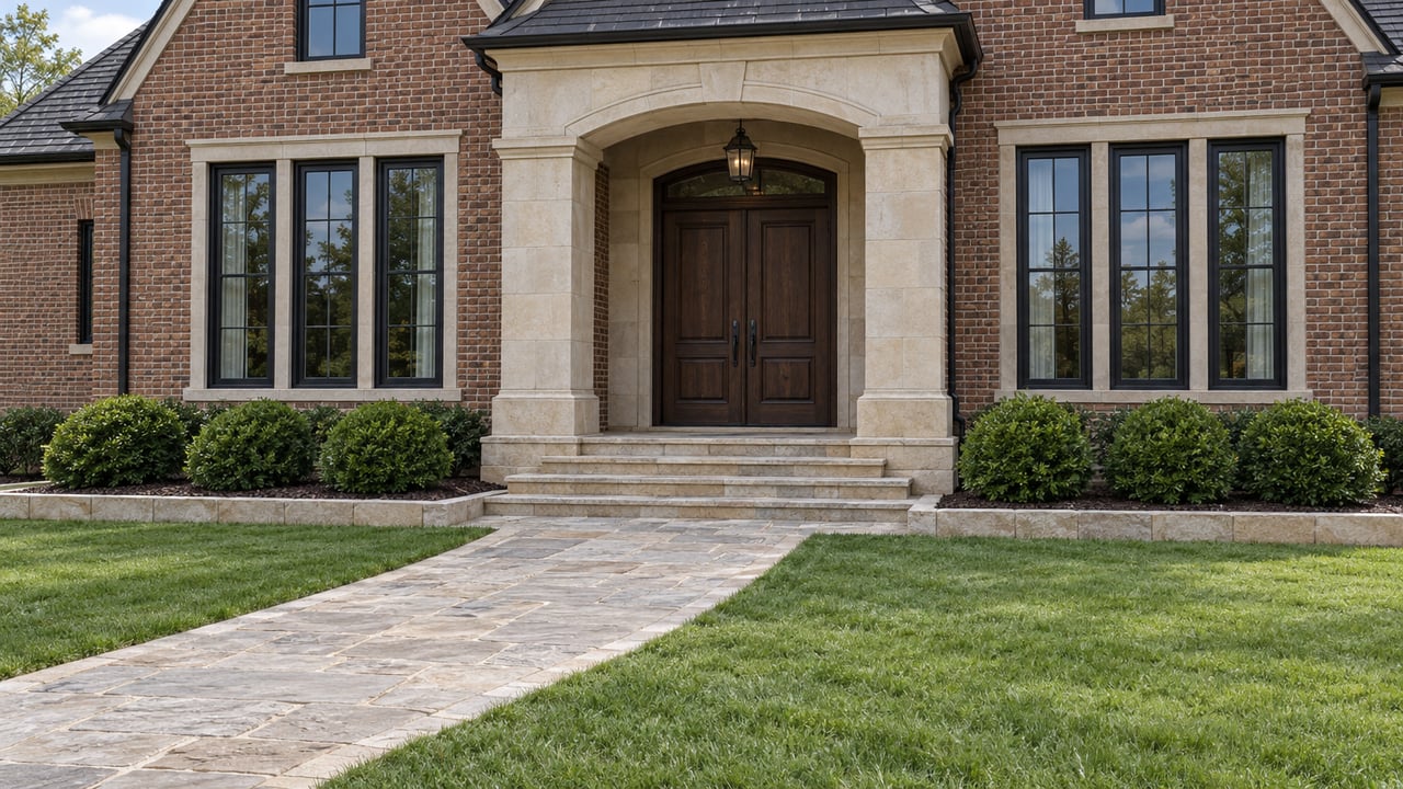 Brick home with a limestone portico, dark double doors and a broad stone walk bordered by rounded boxwoods and lawn.