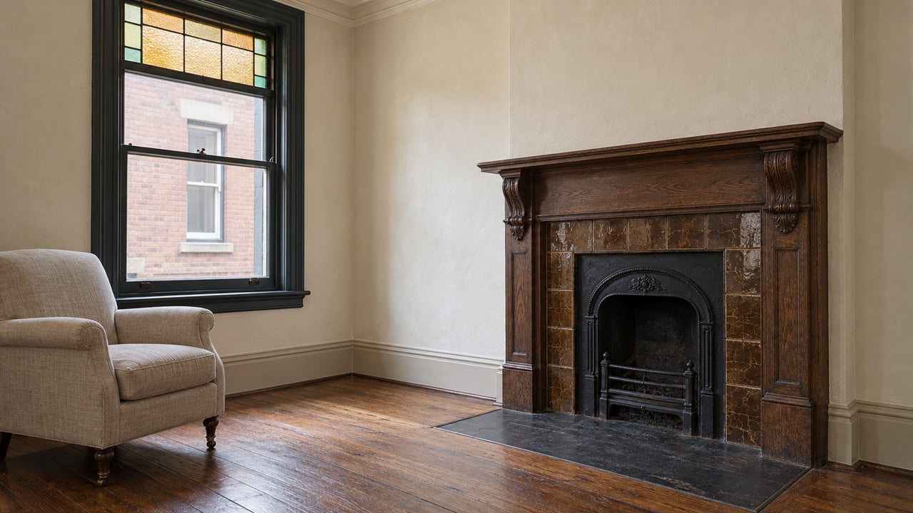 Compact historic parlor with a stained-glass transom, linen armchair, oak flooring, and a dark timber fireplace with brown tile and slate hearth.
