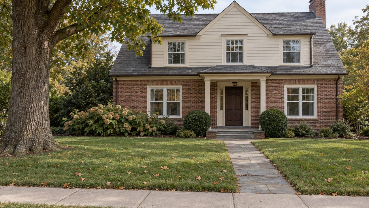 Two-story brick and cream clapboard house behind a broad lawn, with a flagstone walk and mature oak.