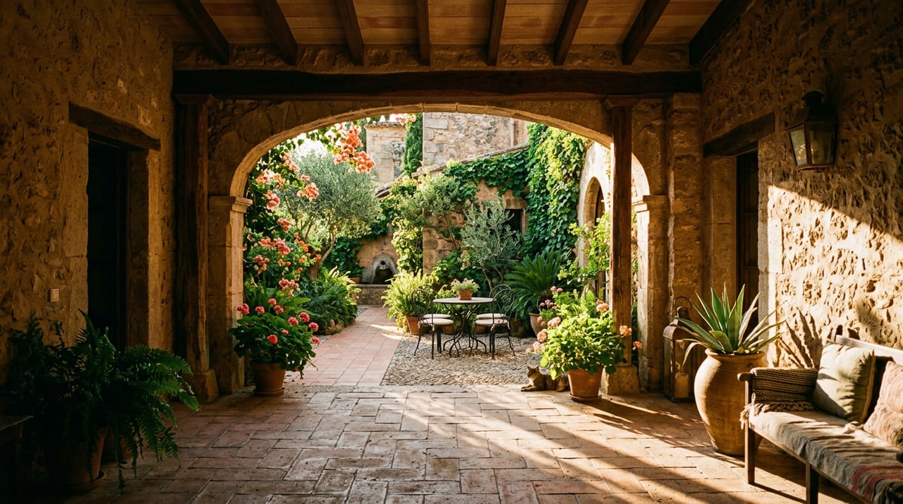 Masonry loggia archway opening onto a private courtyard, with warm sunlight casting long shadows across textured walls and pavers.