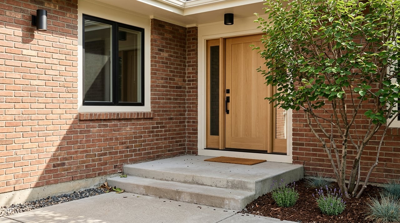 Brick entry with an oak door and black-framed windows.