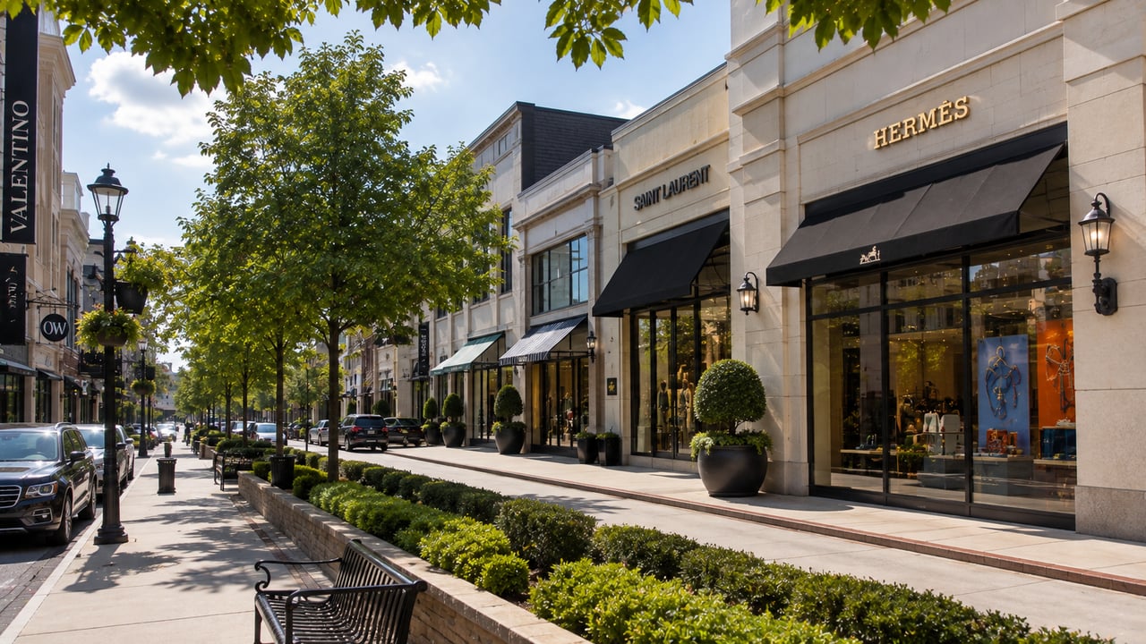 Upscale shopping district in Nashville featuring luxury boutiques, elegant storefronts, tree-lined sidewalks, and a sophisticated outdoor retail atmosphere.