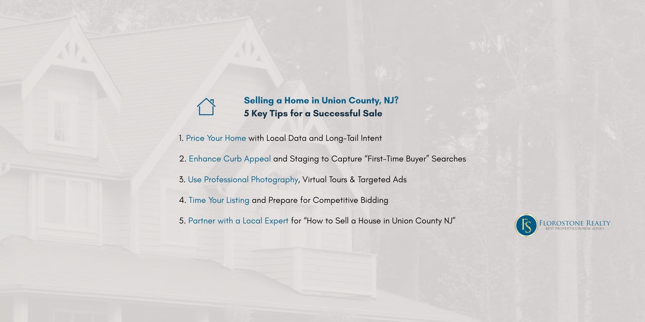 Florostone Realty graphic listing 5 key tips for selling a home in Union County, NJ, including pricing strategies, curb appeal, professional photography, optimal listing timing, and partnering with a local expert.