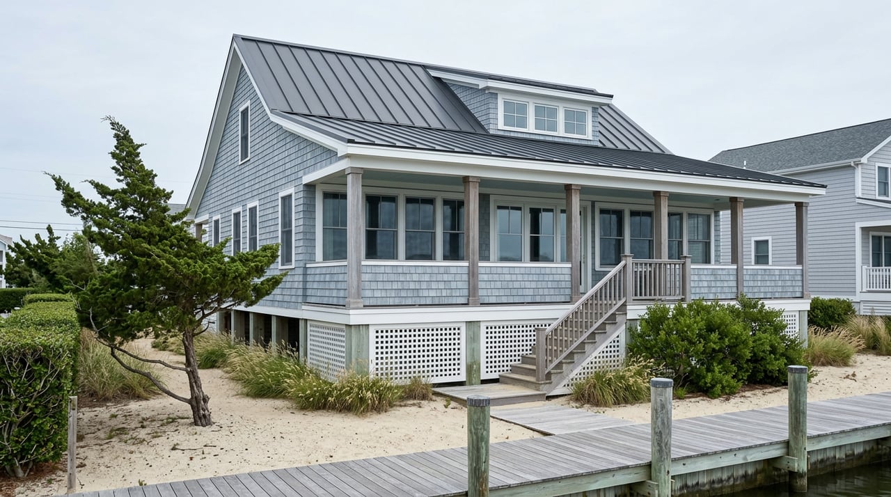 Elevated blue-gray cedar cottage with a charcoal metal roof, timber stairs, sandy yard, juniper, and canal dock.