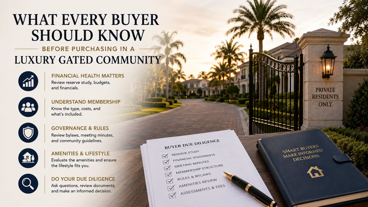 Luxury gated community in Southwest Florida highlighting buyer due diligence, HOA financial health, membership costs, community rules, amenities, and lifestyle considerations before purchasing a home.