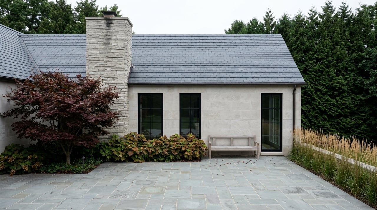 Stone estate wing with black-framed windows and ledgestone chimney beyond a bluestone terrace and burgundy Japanese maple.