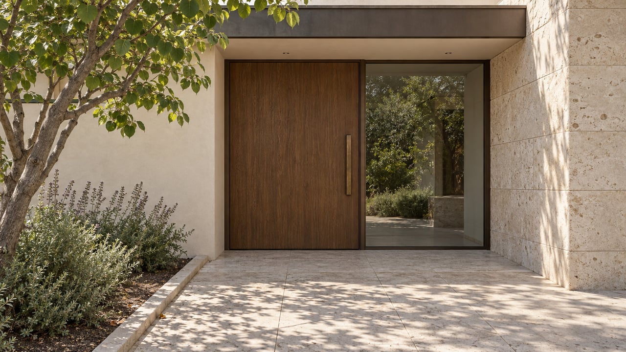 A recessed oak entry door and bronze-framed glass beside fossil-flecked limestone, with a flowering sage bed and branching tree shading the stone approach.