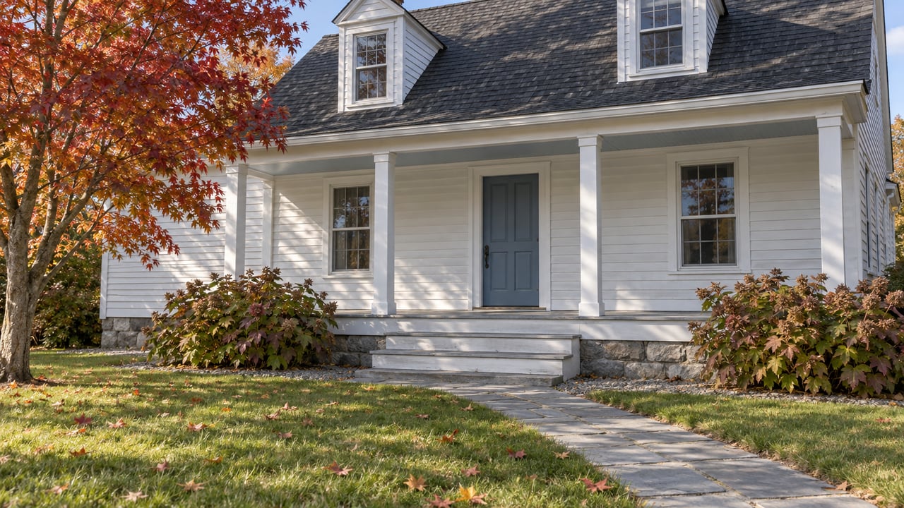 White clapboard home with two dormers, a covered porch, bluestone approach, and autumn foliage beside a deep front lawn.