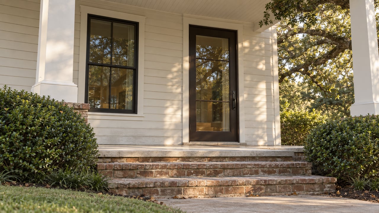 White-sided home with a glazed front door, brick steps, and oak leaves overhead.