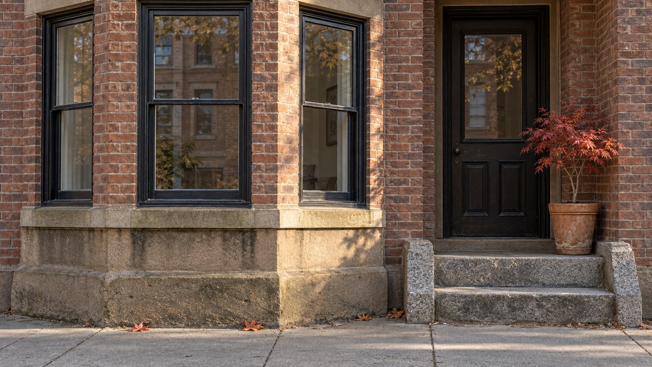 Morning light on a russet brick bay window, worn stone steps and a potted Japanese maple with copper-red leaves.