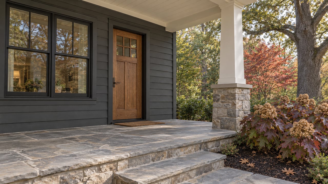 Covered porch with charcoal siding, an oak entry door, gray stone flooring and an autumn garden beside substantial stone steps.