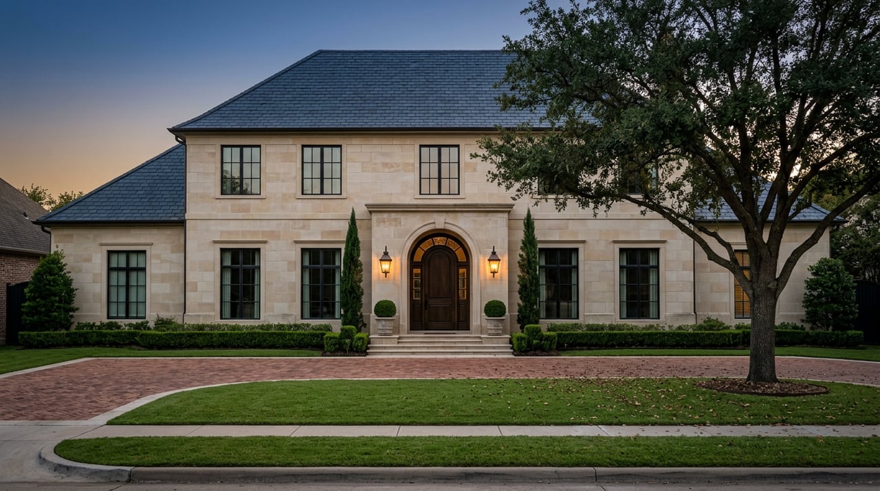 Two-story limestone estate with an arched entry, glowing lanterns, formal landscaping, and a live oak at dusk.