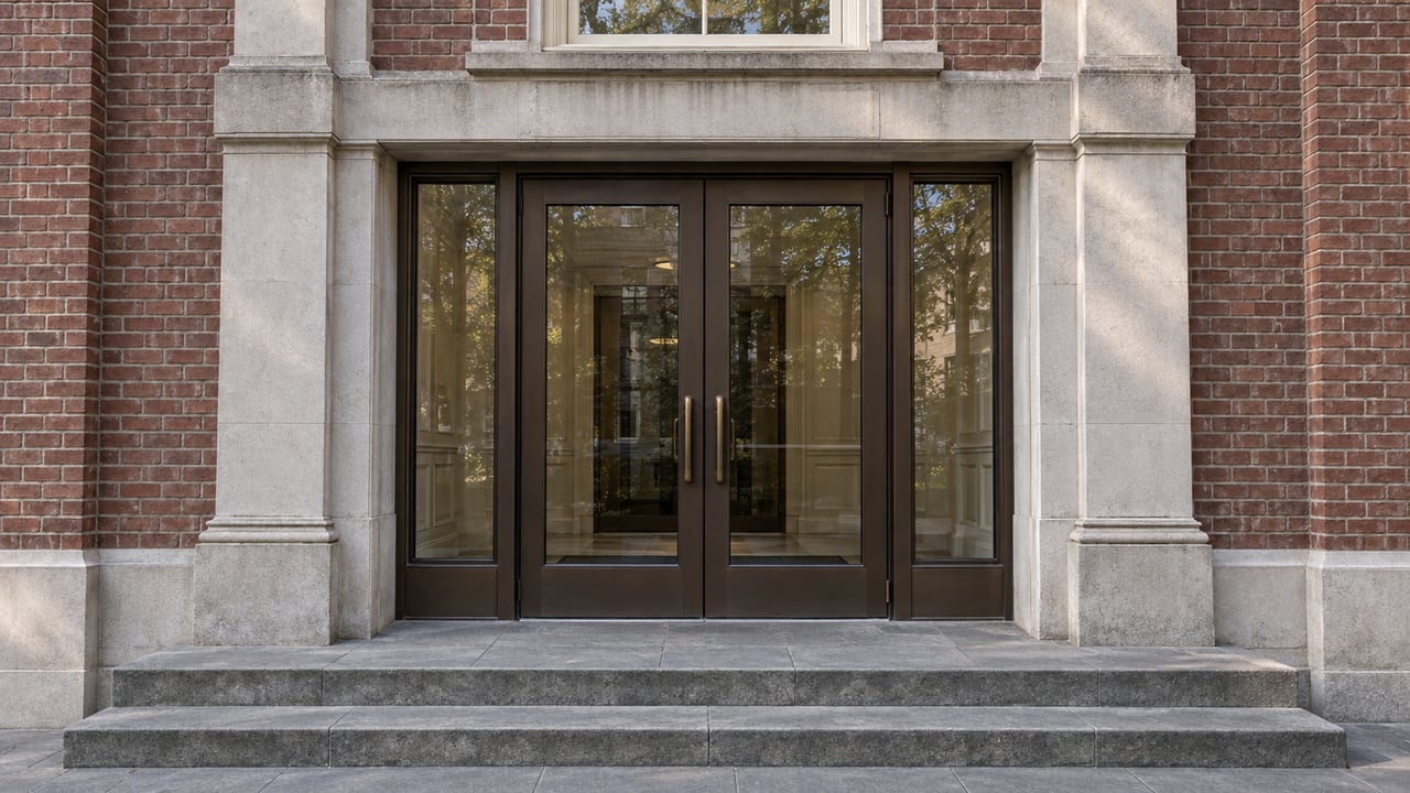 Paired bronze-framed glass doors recessed in a limestone and red-brown brick entrance above worn bluestone steps.