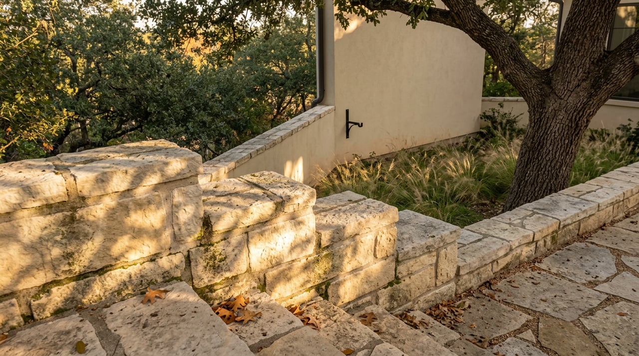 Stepped limestone retaining wall meets a pale stucco home beneath a live oak, with Gulf muhly at the base.