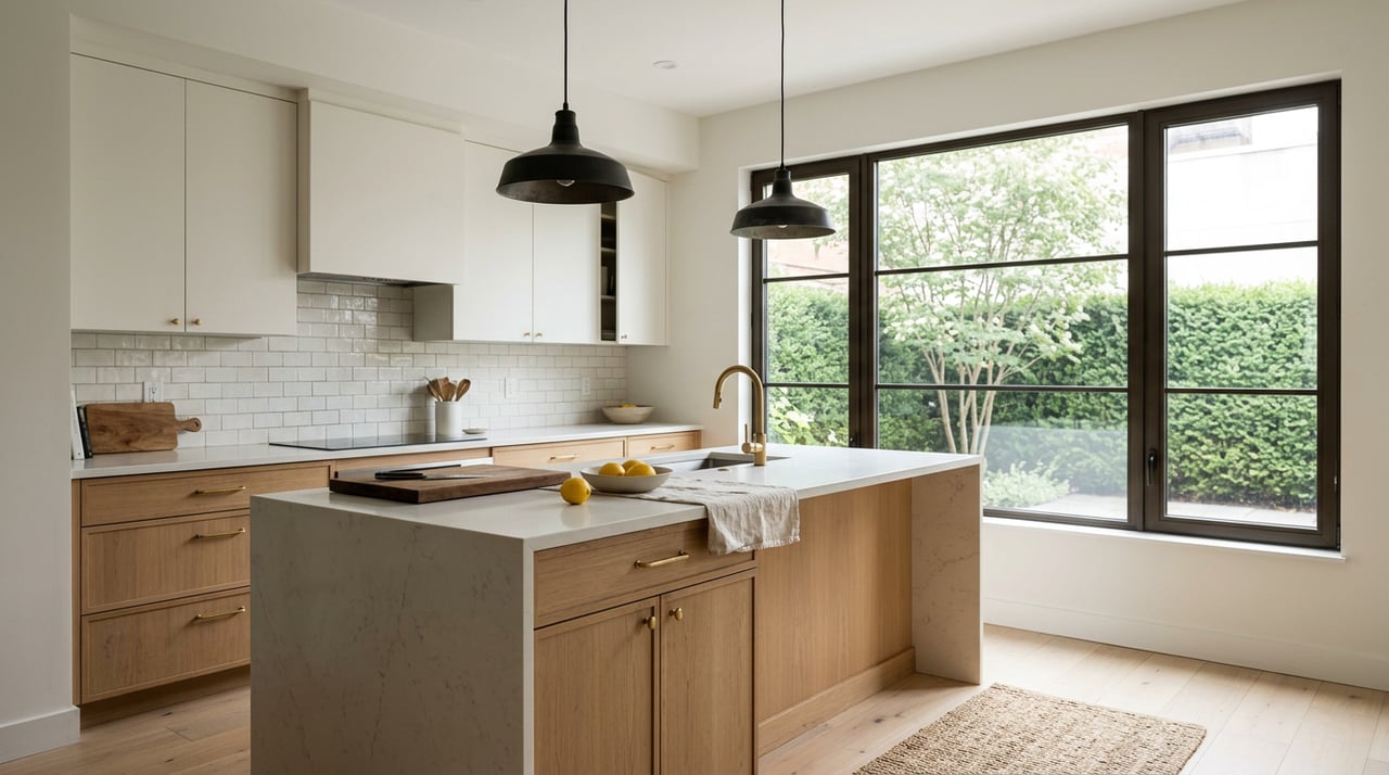 Light oak kitchen island with a veined quartz top, lemons in a bowl, and a tree visible through the window.