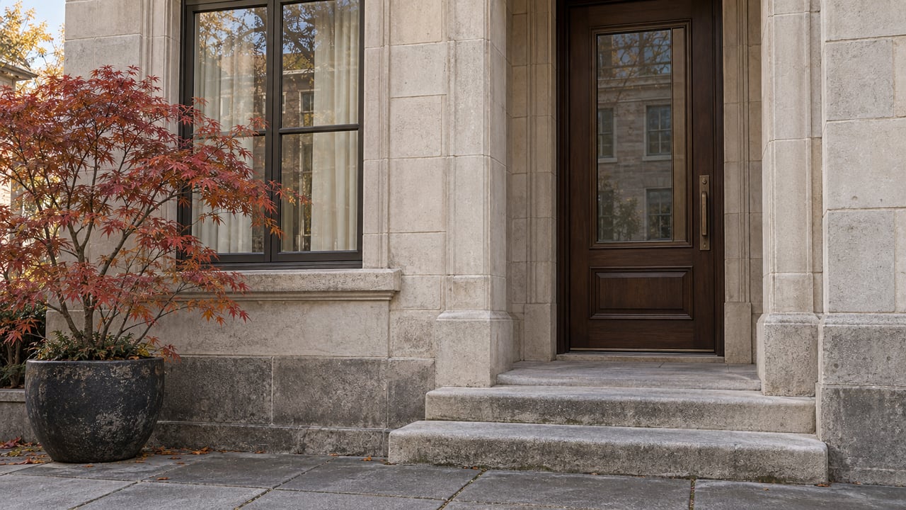 Limestone residential entrance with a glazed oak door, bronze-framed window, worn stone steps and a copper-red Japanese maple in a ceramic planter.