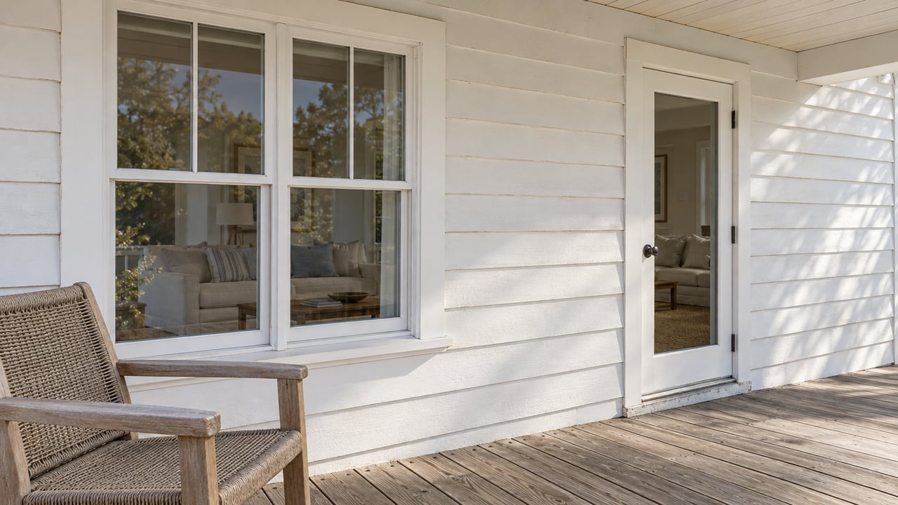 White timber siding and closed glazed entry on a covered porch, with weathered wood decking and one woven teak armchair.
