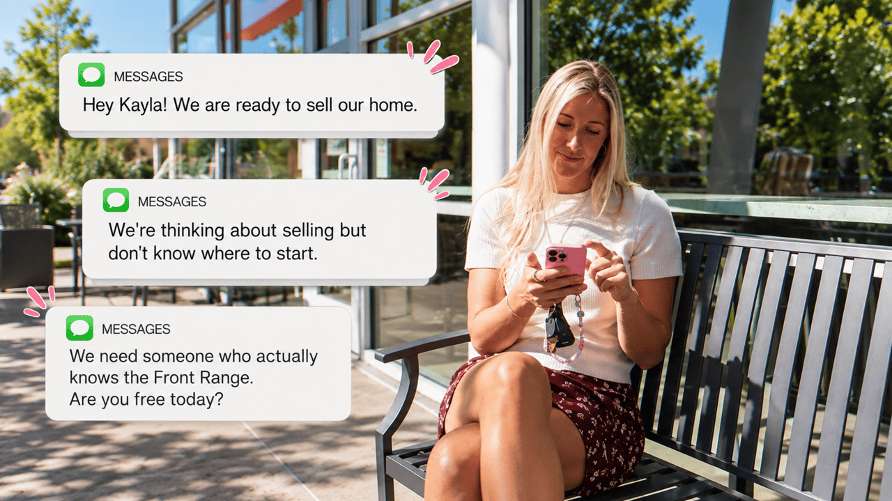 Woman checks her phone on an outdoor bench beside messages from prospective home sellers.