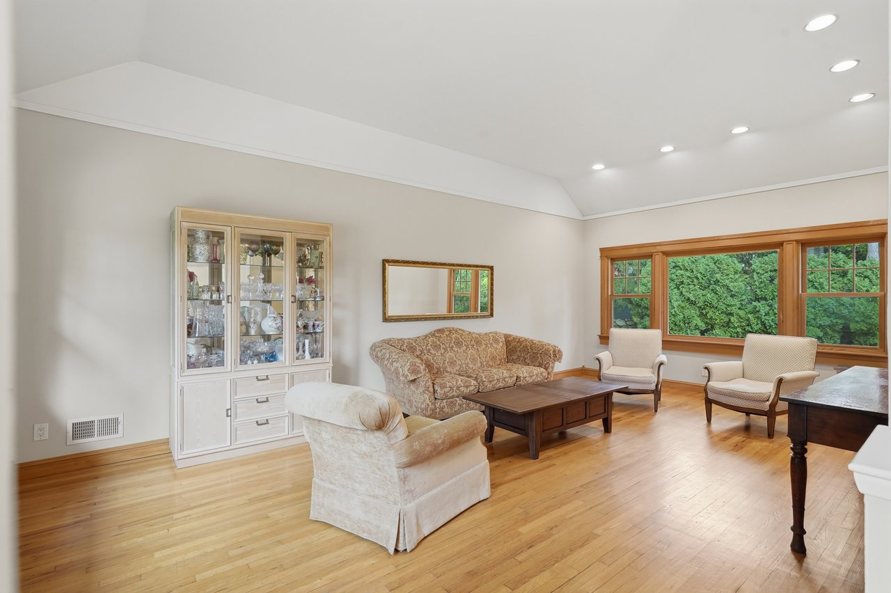 Spacious living room with recessed lighting